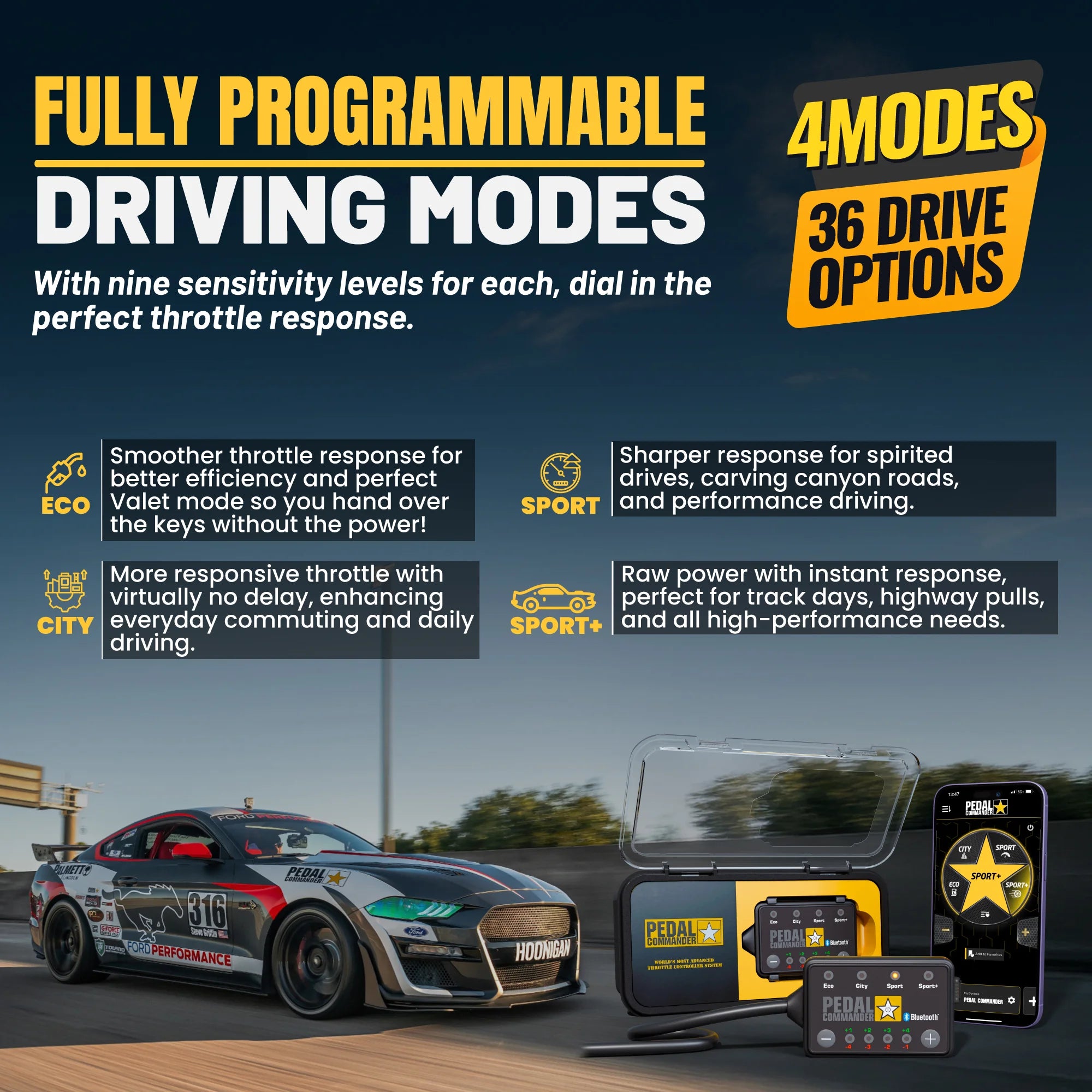 Advertisement for  pedal commander throttle response controller driving modes with a car, controller, and smartphone displaying modes on a track background.