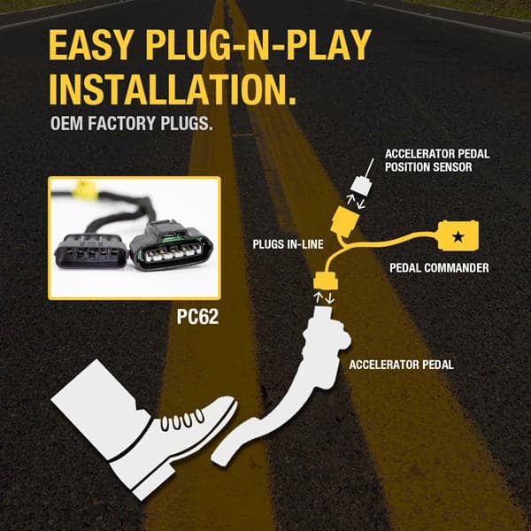 Merchant Pedal Commander PC62 has an easy plug-n-play installation between your accelerator pedal sensor and accelerator pedal